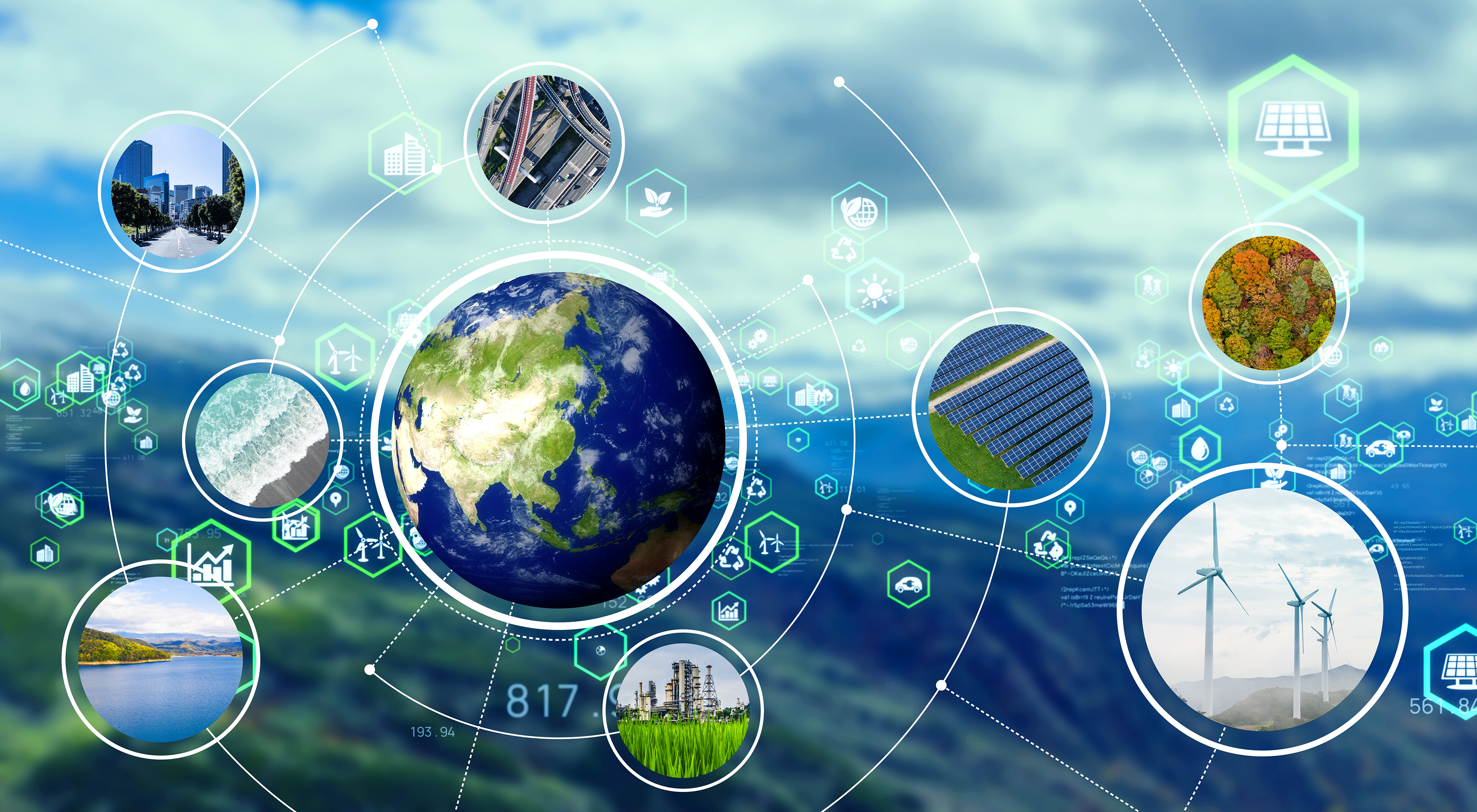 Energy transitions concept: photos and icons represent solar, wind and other alternative resources
