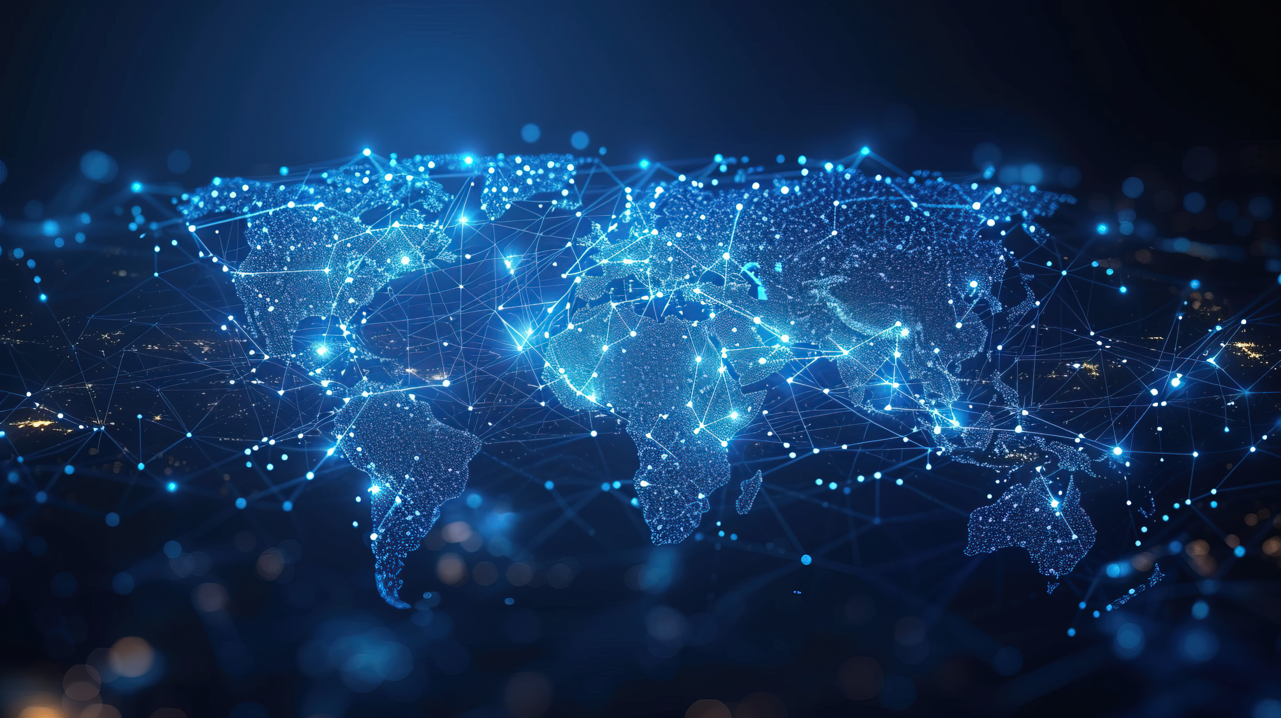 Map of world showing cities connected by digital nodes