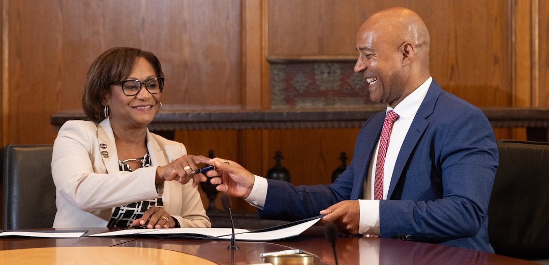 Vanessa Wyche, director of NASA’s Johnson Space Center, and Rice University President Reginald DesRoches